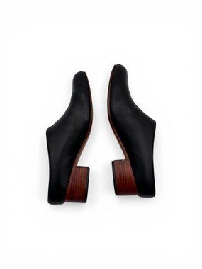 NISOLO Sofia Slip-On Mule Size 6.5 Black Leather, Brown Wooden Heel